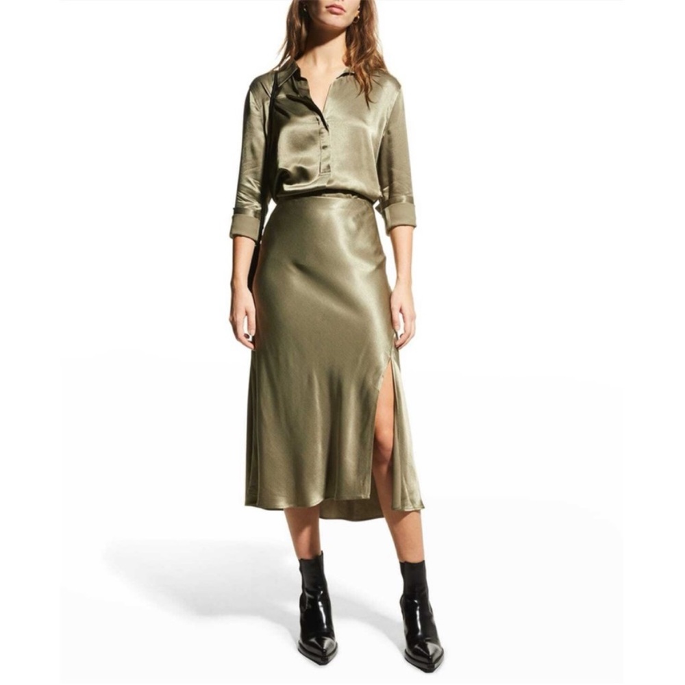 RAILS Maya Satin Slip Skirt Sz S in Olive Green Midi